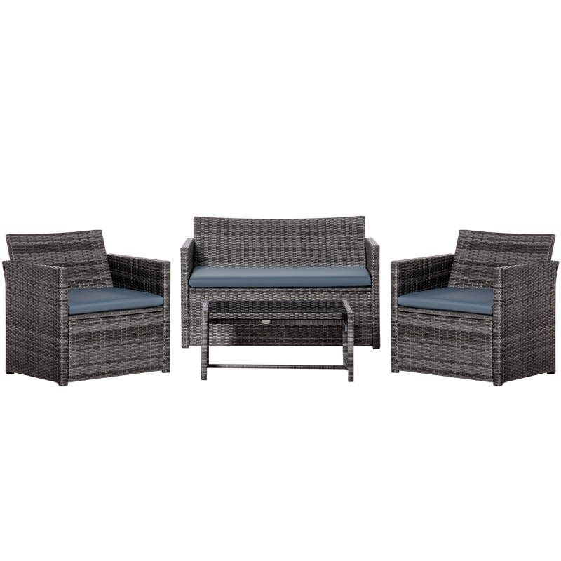 Best 4 Pieces PE Rattan Garden Sofa Set with Cushions, Outdoor Patio Wicker Weave Conservatory Furniture Set with a Loveseat, 2 Armchairs and a Glass Top Coffee Table, Grey - Image 11