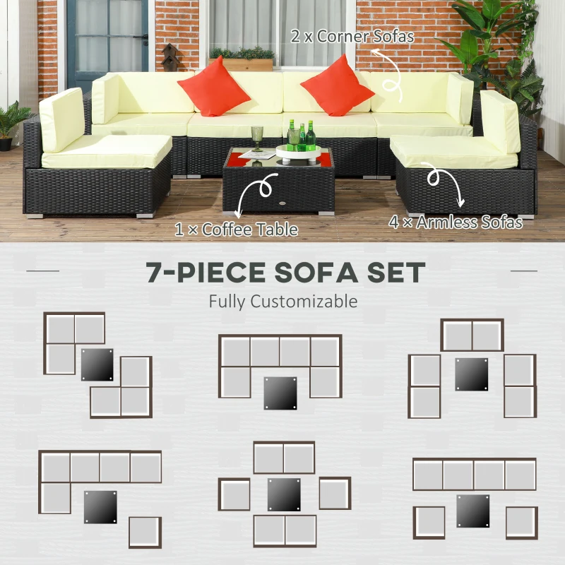 Best Seven-Piece Rattan Garden Set, with Glass-Top Table - Black/Beige - Image 4