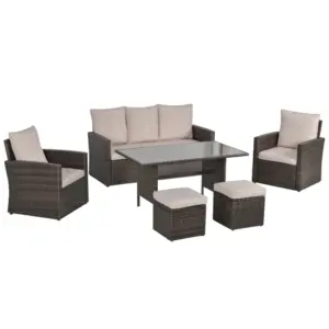 Best Six-Piece Rattan Sofa Set, with Glass-Top Table - Mixed Brown