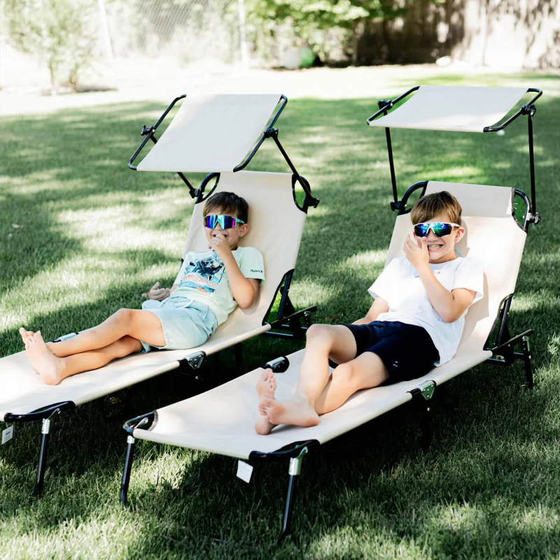 Best 2 Piece Folding Sun Loungers with Canopy, Adjustable Recliner Garden Chairs with Side Pocket, Steel Frame and Breathable Mesh for Outdoor, Pool, Beach, Garden, Tan Brown - Image 8