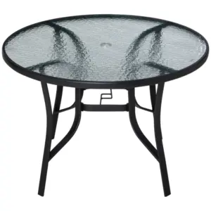 Best 106cm Round Garden Dining Table with Parasol Hole Tempered Glass Top Steel Frame