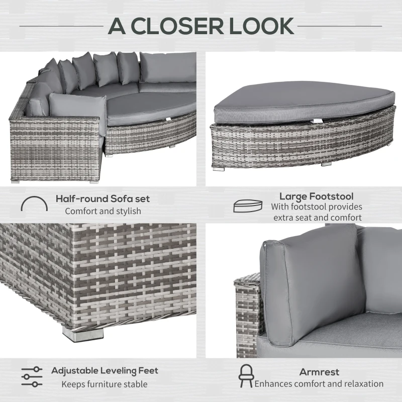 Best 6 Pieces Outdoor PE Rattan Wicker Sofa Set with 10cm Thick Padded Cushionsand Half Round Patio Conversation Furniture Set with Angled Corner Designand Ottomansand and Back Pillows, Grey - Image 6