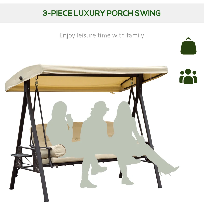 Best Swing Chair Hammock Chair 3 Seater Canopy Cushion Shelter Outdoor Bench Steel Beige - Image 7