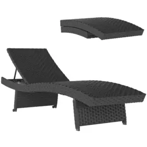 Best Outdoor PE Rattan Sun Lounger, Folding Wicker Garden Lounger Recliner with 4-Level Adjustable Backrest, Rolling Sunbed Lounge Chair with Wheels, Non-Slip Legs for Balcony, Beach, Black