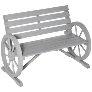 Best Wooden Cart Wagon Wheel 2 Seater Garden Bench Outdoor Garden Armrest Chair Rustic High Back Loveseat Grey