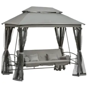 Best 3 Seater Swing Chair 3-in-1 Convertible Garden Swing Seat Bed Gazebo Patio Bench Outdoor with Double Tier Canopy, Cushioned Seat, Mesh Sidewalls, Grey