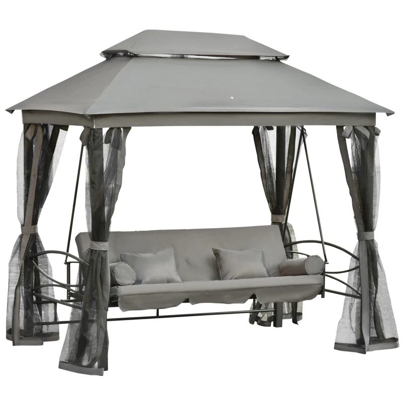 Best 3 Seater Swing Chair 3-in-1 Convertible Garden Swing Seat Bed Gazebo Patio Bench Outdoor with Double Tier Canopy, Cushioned Seat, Mesh Sidewalls, Grey