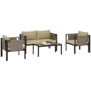 Best 4 Piece Metal Garden Furniture Set with Tempered Glass Coffee Table, Texteline Pocket, Outdoor Set Loveseat Single Armchairs with Padded Cushions, Khaki