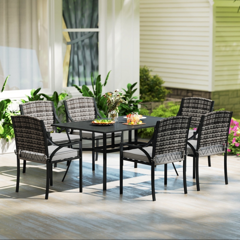 Best Rattan Garden Furniture Set with Cushions, 6 Seater Rattan Dining Set with 6 Armchairs, 150 x 96cm Rectangular Table, Umbrella Hole, for Outdoor, Patio, Balcony, Terrace, Conservatory - Image 10