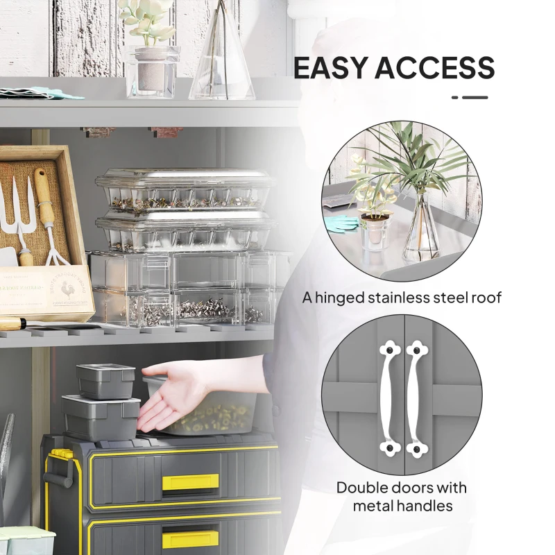 Best Wooden Garden Shed, Garden Tool Storage Shed with Hinged Roof and Shelf, Outdoor Storage Cabinet with Double Doors, Grey - Image 5