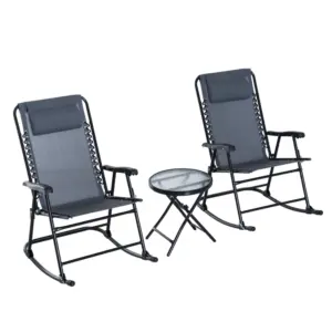 Best 3 Piece Outdoor Rocking Set with 2 Folding Chairs and 1 Tempered Glass Table, Patio Bistro Set for Garden, Deck, Grey