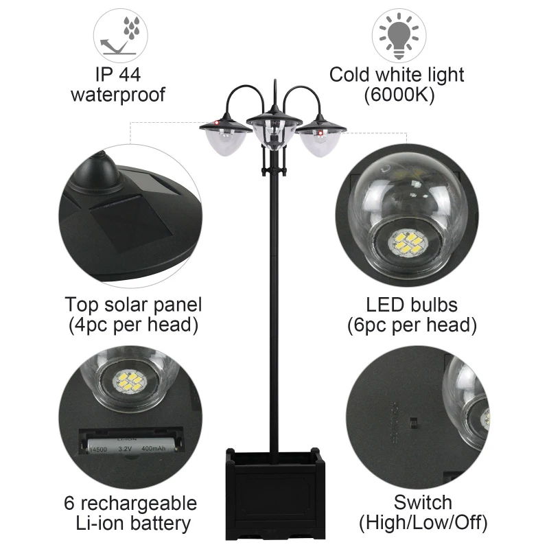Best 189cm 3-head Solar Lamp Post, Street Light with Planter, Automatic-on, 6 Hour Max Outdoor Ready LED Lighting, Black - Image 6