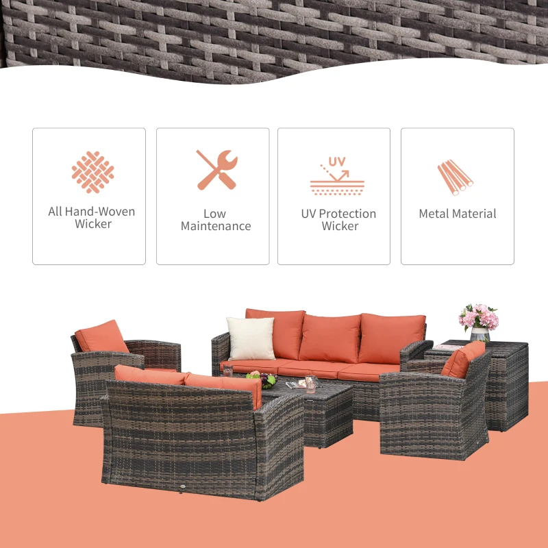 Best 6 Pieces Rattan Garden Furniture Set, 7 Seater Wicker Outdoor Furniture Set with Storage Tea Table & Side Table, Sectional Garden Sofa Set with Cushions, Orange - Image 4