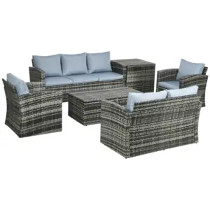 Best 6 Pieces Rattan Garden Furniture Set, 7 Seater Wicker Outdoor Furniture Set with Storage Tea Table & Side Table, Sectional Garden Sofa Set with Cushions, Grey