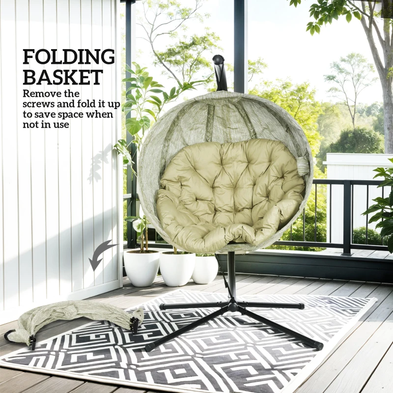 Best Hanging Egg Chair Outdoor Indoor Garden Swing Chair with Folding Basket, Garden Hanging Chair with Stand, Thickened Cushion, Cup Holder for Patio, Balcony, Khaki - Image 6