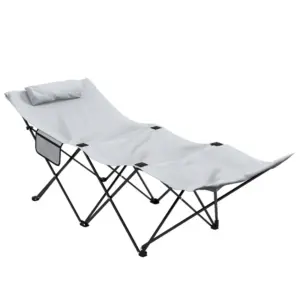 Best Foldable Sun Lounger, Outdoor Tanning Sun Lounger Chair with Side Pocket, Headrest, Oxford Seat, for Beach, Yard, Patio, Light Grey