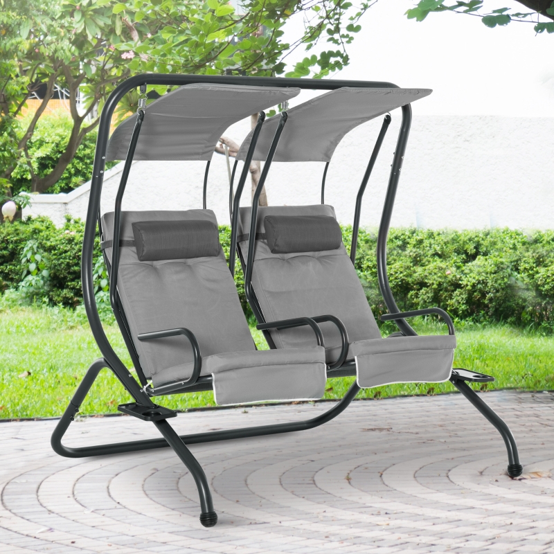 Best Canopy Swing 2 Separate Relax Chairs w/ Handrails and Removable Canopy Grey - Image 13