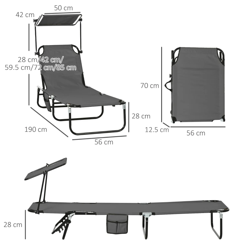 Best Set of Two Folding Sun Loungers, with Adjustable Backs and Sun Canopies - Grey - Image 3