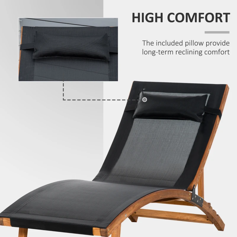 Best Ergonomic Patio Lounge Chair Wooden Outdoor Chaise w/ 3 Adjustable Back and Removable Headrest Pillow for Garden Black - Image 4