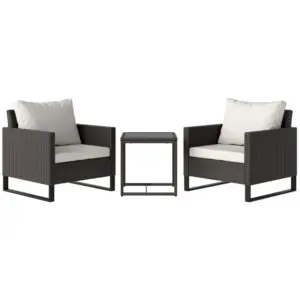 Best 3 Pieces Rattan Bistro Set with 4 Cushions, Wicker Garden Furniture Set, Glass Top Coffee Table and Chairs for Outdoor Patio, Balcony, Terrace and Conservatory, Brown