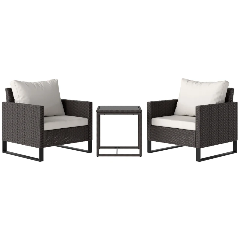 Best 3 Pieces Rattan Bistro Set with 4 Cushions, Wicker Garden Furniture Set, Glass Top Coffee Table and Chairs for Outdoor Patio, Balcony, Terrace and Conservatory, Brown