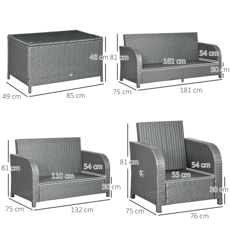 Best 7 Seater Outdoor Rattan Garden Furniture Sets with Wicker Sofa, Reclining Armchair and Glass Table, 181x75x81cm, Grey - Image 3