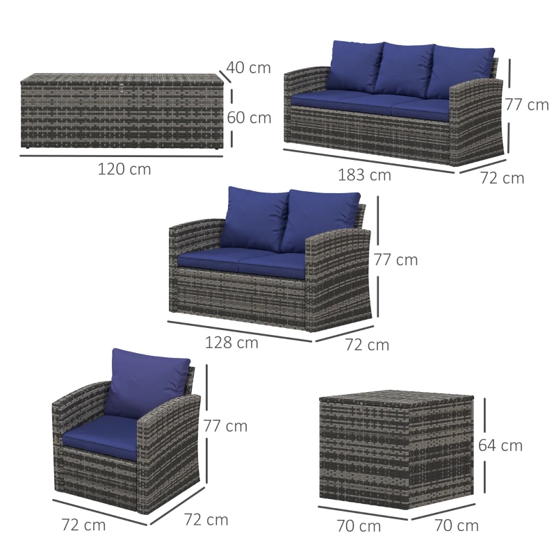 Best 6 Pieces Rattan Garden Furniture Set, 7 Seater Wicker Outdoor Furniture Set with Storage Tea Table & Side Table, Sectional Garden Sofa Set with Cushions, Navy Blue - Image 3