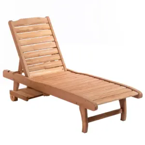 Best Outdoor Wooden Lounger Chair, Sun Bed with Built-In Table, Adjustable Backrest and Wheels, Red Brown
