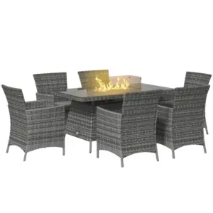 Best 7 Pieces Outdoor Rattan Garden Furniture with Fire Pit Table, 6 Seater Garden Table and Chairs with Cushions, Rattan Dining Set with Propane Heater Table, Windscreen, 50,000 BTU, Grey