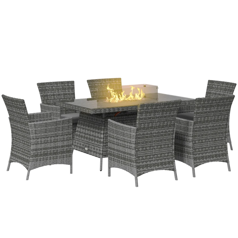 Best 7 Pieces Outdoor Rattan Garden Furniture with Fire Pit Table, 6 Seater Garden Table and Chairs with Cushions, Rattan Dining Set with Propane Heater Table, Windscreen, 50,000 BTU, Grey