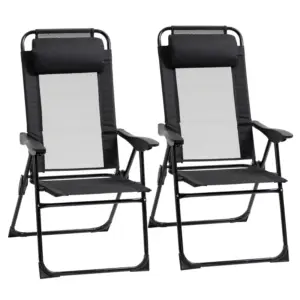 Best Set of 2 Portable Folding Recliner Metal Outdoor Patio Chaise Lounge Chairs with Adjustable Backrest, Black
