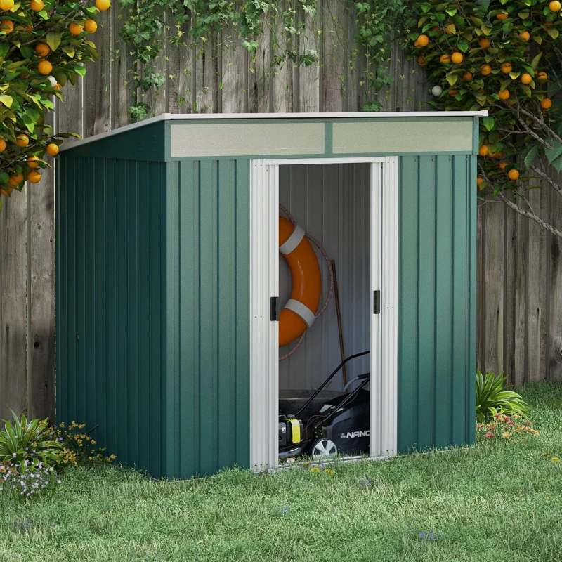 Best 6.5 x 4FT Galvanised Metal Shed with Foundation Kit, Lockable Tool Garden Shed with Double Sliding Doors, Vents, Green - Image 2