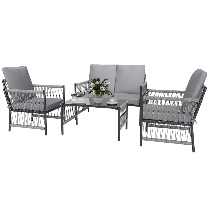 Best 4 Piece Rattan Garden Furniture Set, 4 Seater Wicker Patio Conversation Set with 2 Armchairs, Loveseat, Glass Top Coffee Table and Cushions for Outdoor, Balcony, Grey - Image 10