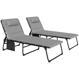 Best Folding Sun Loungers Set of 2, Recliner Garden Chairs with Quick Drying Pad Headrest Side Pocket, Garden Sun Loungers for Beach Pool, Light Grey