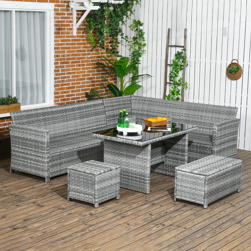 Best 5-Piece Rattan Patio Furniture Set with Corner Sofa, Footstools, Glass Coffee Table, Cushions, Mixed Grey - Image 8