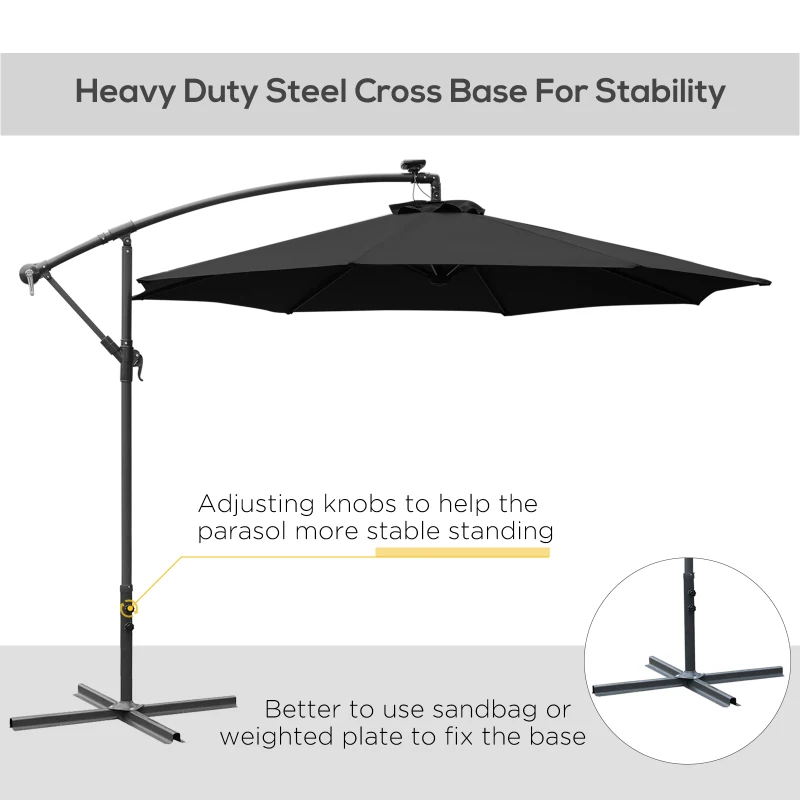 Best 3m LED Patio Banana Umbrella Cantilever Parasol w/ Crank Cross Base Hanging Offset Umbrella Frame Steel Aluminium Garden Table Outdoor Black - Image 4