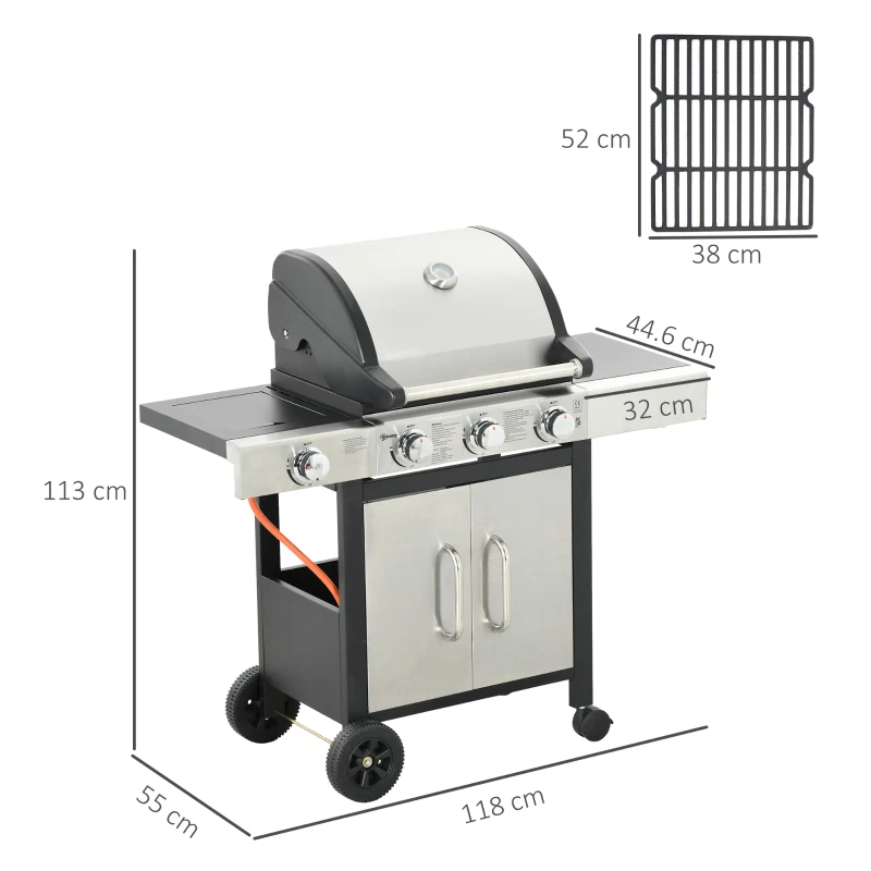 Best Gas Barbecue Grill 3+1 Burner Garden Smoker BBQ Trolley w/ Side Burner Warming Rack Side Shelves Storage Cabinet Piezo Ignition Thermometer Stainless Steel + Metal - Image 3