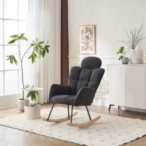 Ergonomic Teddy Fabric Rocking Chair with Tufted Seat, Headrest and Backrest, Painted Metal Base, 102L x 70W x 105H cm, Dark Grey