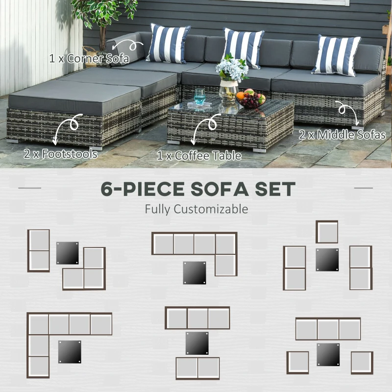 Best 6 PC Rattan Sofa Coffee Table Set Sectional Wicker Weave Furniture for Garden Outdoor Conservatory w/ Pillow Cushion Grey - Image 6