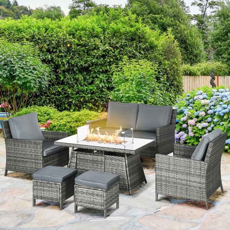 Best 6 Seater Rattan Garden Furniture Set, Gas Fire Pit Table, Wicker Loveseat, 2 Armchairs and 2 Footstools, 6 Piece Patio Rattan furniture Sofa Sets with Cushions for Conservatory, Grey - Image 10