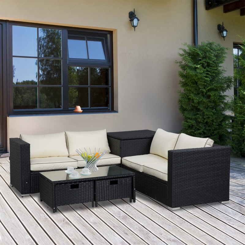 Best 4 Pieces Rattan Garden Furniture Set, 4 Seater Corner Sofa Set with Storage Box, 2 Drawers Coffee Table, Loveseats with Cushions, Wicker Garden Conservatory Furniture for Balcony, Black - Image 10