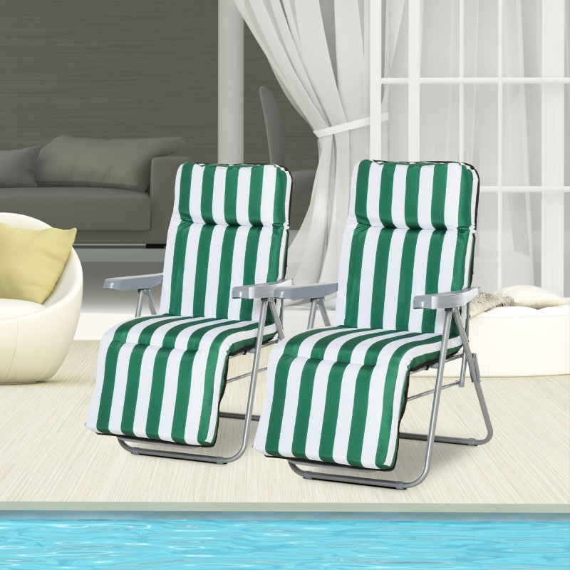 Best 2 Pieces Outdoor Sun Lounger Set with Cushions, Patio Folding 5-Level Adjustable Backrest Recliner Chairs Set of 2 with High Backrest and Armrests, Green & White - Image 11