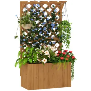 Best Wooden Planter with Trellis, Freestanding Raised Garden Bed with Drainage Holes, Outdoor Planter Box with Liner for Vegetables, Herbs and Flowers, Natural