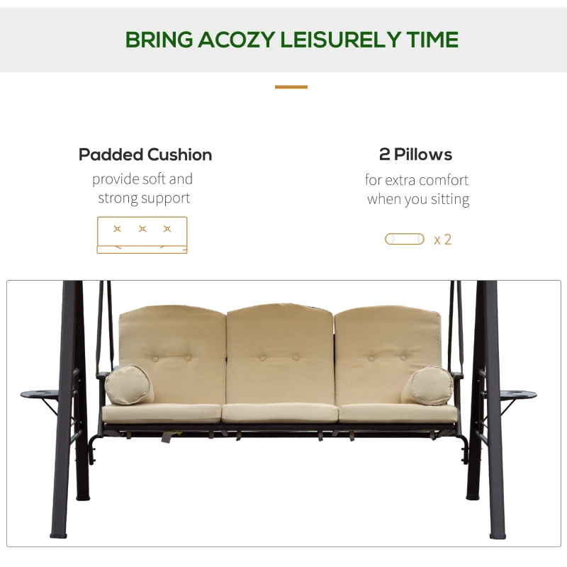 Best Swing Chair Hammock Chair 3 Seater Canopy Cushion Shelter Outdoor Bench Steel Beige - Image 5