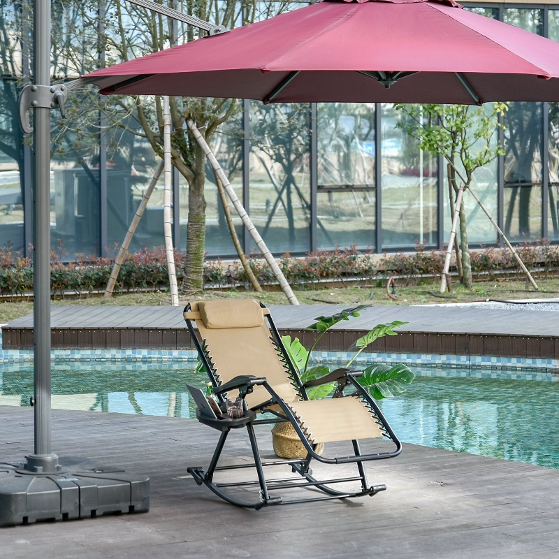 Best Garden Rocking Chair Folding Recliner Outdoor Adjustable Sun Lounger Rocker Zero-Gravity Seat with Headrest Side Holder Patio Deck - Beige - Image 10