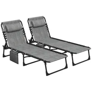 Best Portable Sun Lounger Set of 2, Folding Camping Bed Cot, Reclining Lounge Chair 5-position Adjustable Backrest with Side Pocket, Pillow for Patio Garden Beach Pool, Mixed Grey