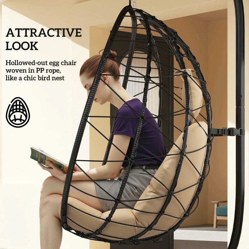 Best Hanging Egg Chair Outdoor Indoor Garden Swing Chair with Folding Basket, Thickened Cushion, Garden Hanging Chair with Stand, Headrest for Patio, Balcony, Khaki - Image 6