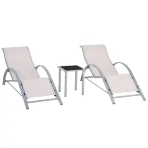 Best 3 Pieces Lounge Chair Set Metal Frame Garden Outdoor Recliner Sunbathing Chair with Table, Cream
