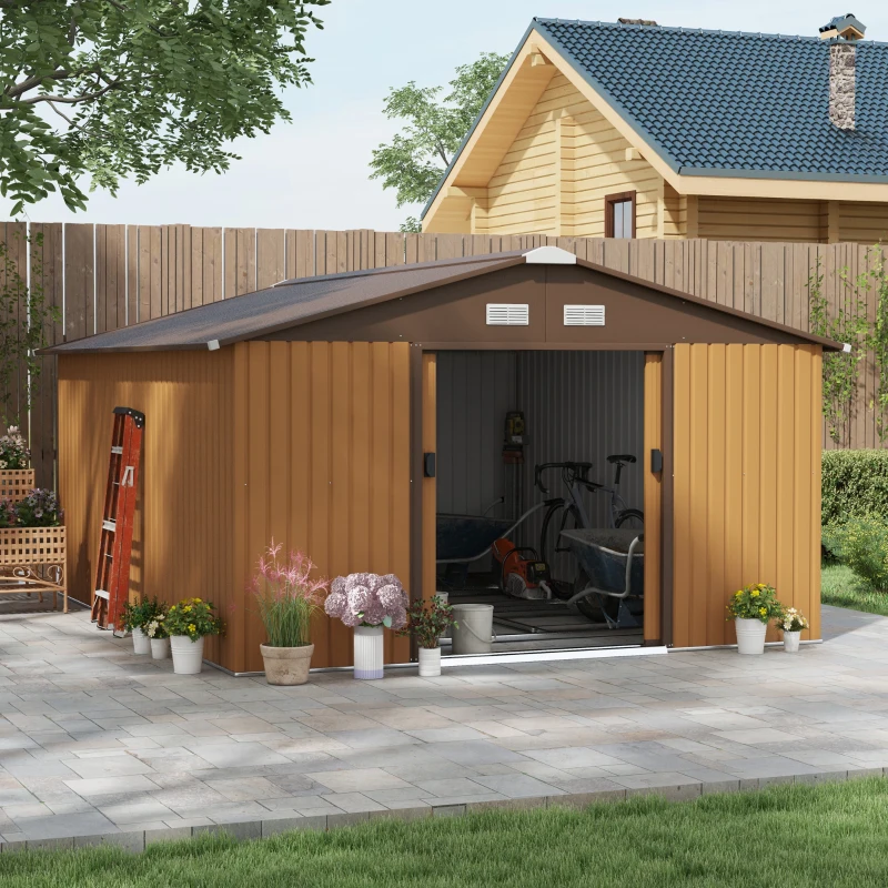 Best 13 x 11ft Metal Garden Shed, Outdoor Storage Tool House with Ventilation Slots, Foundation Kit and Lockable Double Doors, Light Brown - Image 2