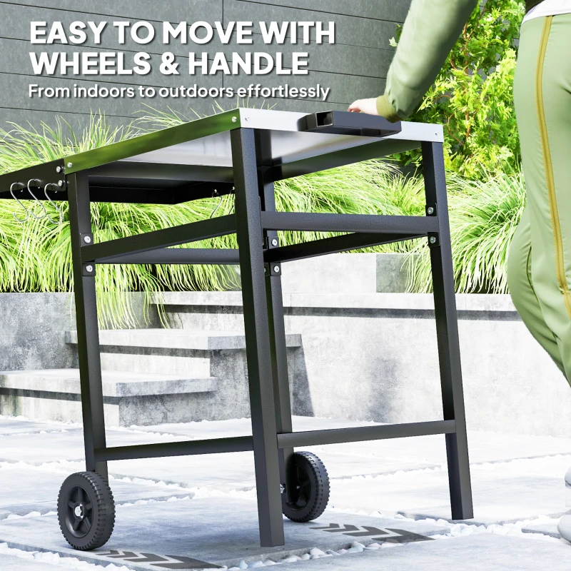 Best BBQ Trolley with Stainless Steel Top and Foldable Side Table, Outdoor Kitchen BBQ Station with Hooks and Shelf, Pizza Oven Table Movable Outdoor Grill Dining Cart with Cover, Black - Image 6